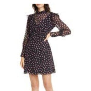 DVF Elinor Textured Dot & Rose Silk Blend Long Sleeve Dress - Size 10